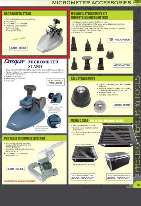 Micrometer Stand With Adjustable Clamp For Five Eighths Inch Capacity, Non Marring Protection, Stable Cast Iron Base in catalog