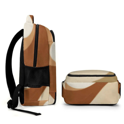Earth Tone Abstract Curve Art Backpack For Men And Women, side view and top view, durable breathable polyester, sturdy zippers