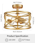 3 Light Vintage Farmhouse Industrial Dope Semi Flush Mount Ceiling Light In Gold Finish, E26 Base, 9.4 In High By 12 In Wide