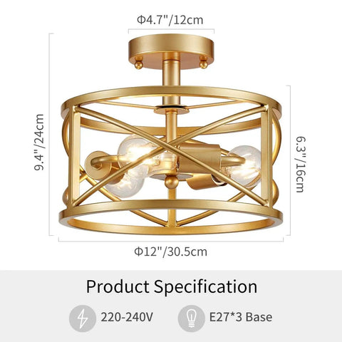 3 Light Vintage Farmhouse Industrial Dope Semi Flush Mount Ceiling Light In Gold Finish, E26 Base, 9.4 In High By 12 In Wide