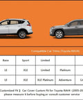 Two Toyota RAV4s side by side with chart of compatible car trims for Six Layer SUV Car Cover With Custom Fit For Toyota RAV4 2006 Through 2025 All Weather Waterproof Rain Snow Sun UV Protection Heavy Duty Exterior Shield Silver.