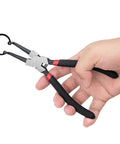 4 Pack 7 Inch Snap Ring Pliers Set With Storage Pouch Heavy Duty Internal And External Circlip Pliers Kit With Straight And Bent Jaw And Spring Loaded Mechanism Ring Remover And Retaining Tool, close-up view of pliers in hand
