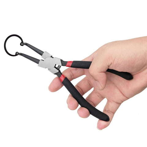 4 Pack 7 Inch Snap Ring Pliers Set With Storage Pouch Heavy Duty Internal And External Circlip Pliers Kit With Straight And Bent Jaw And Spring Loaded Mechanism Ring Remover And Retaining Tool, close-up view of pliers in hand