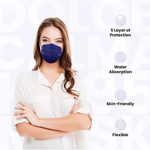Woman wearing KN95 Face Mask 60 Pack Individually Wrapped 5 Ply Breathable Multicolor Masks For Adults With Adjustable Nose Clip