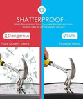Comparison of shatterproof Funbliss mirror and poor quality mirror with hammer, demonstrating Two-Pack Baby Car Mirror For Rear-Facing Infants