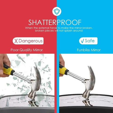 Comparison of shatterproof Funbliss mirror and poor quality mirror with hammer, demonstrating Two-Pack Baby Car Mirror For Rear-Facing Infants
