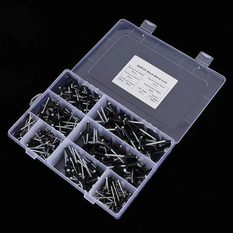 Open case of Pro Grade Aluminum Blind Rivet Kit 200 Piece Assortment for 3mm 4mm 4.8mm Rivets on black background