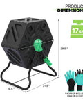 17-gallon black compost tumbler bin with dimensions, BPA-free material, gloves included, for quick fertile soil creation