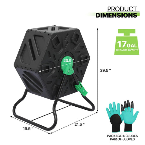 17-gallon black compost tumbler bin with dimensions, BPA-free material, gloves included, for quick fertile soil creation