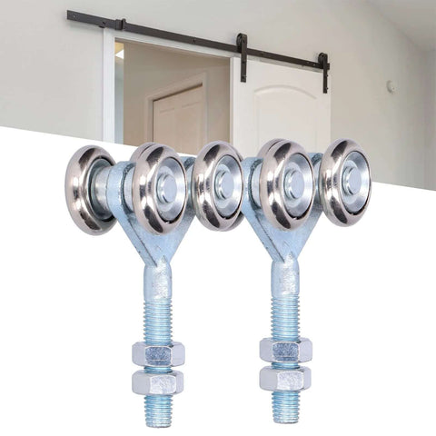 2 Pcs Door Roller Set With Double Wheel Pulley For Glass Barn Doors And Sliding Track Doors, 35mm Diameter, shown against a sliding door