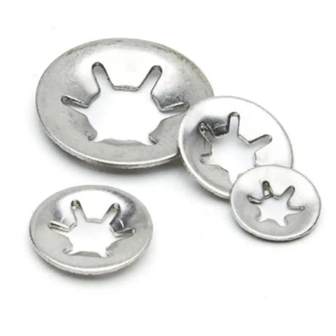 Close-up of 100 Piece Internal Tooth Star Lock Washer Set For M3 M4 M5 M6 M8 M10 Screws And Bolts on white background