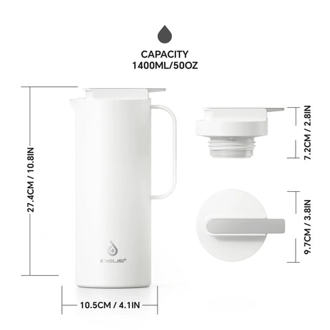 Real Deal Thermal Coffee Carafe Holds Fifty Ounces Advanced Vacuum Insulated Stainless Steel Beverage Dispenser smooth white finish with lid.
