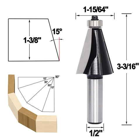 Six Piece Chamfer Router Bit Set Half Inch Shank Carbide Two Flute Bevel Bits For Edge Shaping And Miter Joints Angled Chamfer Cutters 15 Degrees