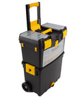 Black and yellow rolling tool box with wheels and foldable comfort handle removable top and deep bottom storage stackable organizers