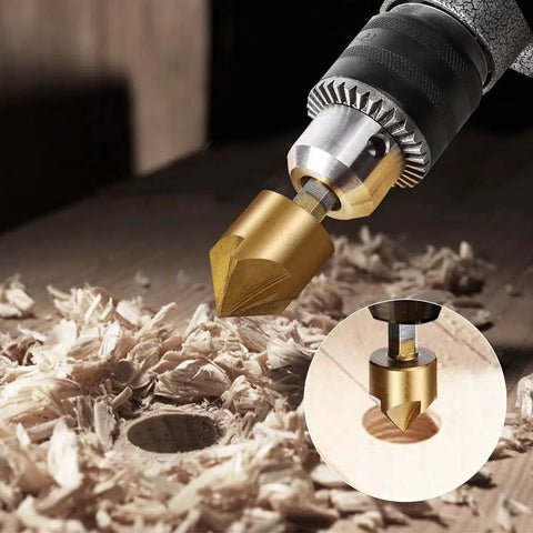 Top Tier 6 Piece Countersink Drill Bit Set With A Rock Hard Quarter Inch Hex Shank and Snappy 5 Flute Cutter in use on wood.