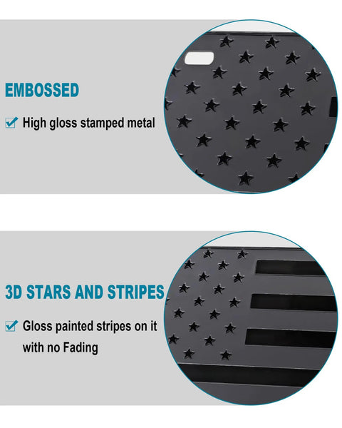 USA Flag Front Bumper License Plate With Black Aluminum Tag Frame Cover, 3D Embossed Stars and Stripes Detail View