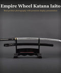 Katana Iaito Aluminum Alloy Training Sword For Iaido Practice, 28 Inch Blade on display stand, side view