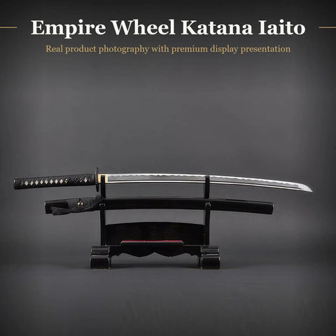 Katana Iaito Aluminum Alloy Training Sword For Iaido Practice, 28 Inch Blade on display stand, side view