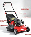 18 Inch Self Propelled Gas Lawn Mower With 131cc DV Engine 8 Cutting Heights Rear Wheel Drive Push Walk Behind 3 In 1 Mulching Side Discharge And Rear Bag Perfect For Yards And Landscaping On Hills And Rough Terrain.