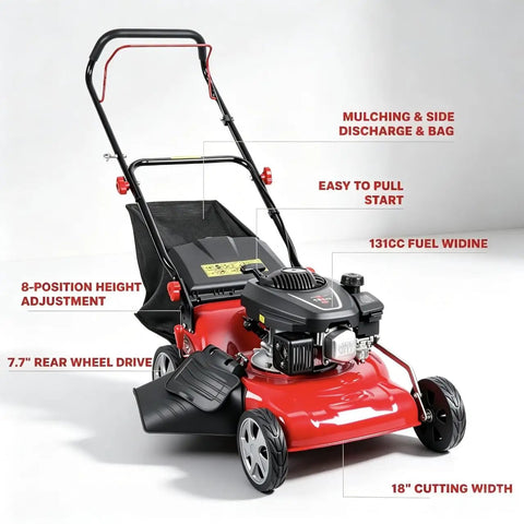 18 Inch Self Propelled Gas Lawn Mower With 131cc DV Engine 8 Cutting Heights Rear Wheel Drive Push Walk Behind 3 In 1 Mulching Side Discharge And Rear Bag Perfect For Yards And Landscaping On Hills And Rough Terrain.