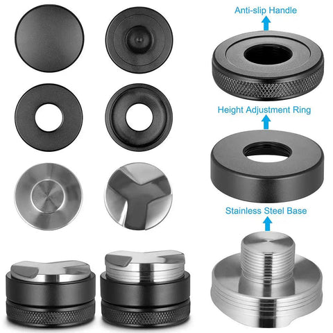 Components of 53mm Adjustable Coffee Distributor And Espresso Leveler For 54mm Breville Portafilters with stainless steel base.