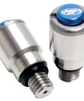 Slick Compact Stainless Steel Bleeder Valve Set Designed For KYB Inverted Forks With Ultra Low Profile Eleven Millimeter Height And Solid M5X08 Threading, showing two valves.