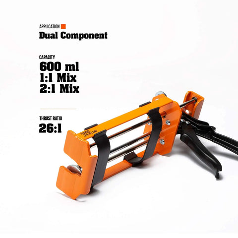 600 Ml Dual Component Cartridge Gun For Epoxy And Foam, 26:1 High Thrust, shown with 1:1 and 2:1 cartridge capacity labels