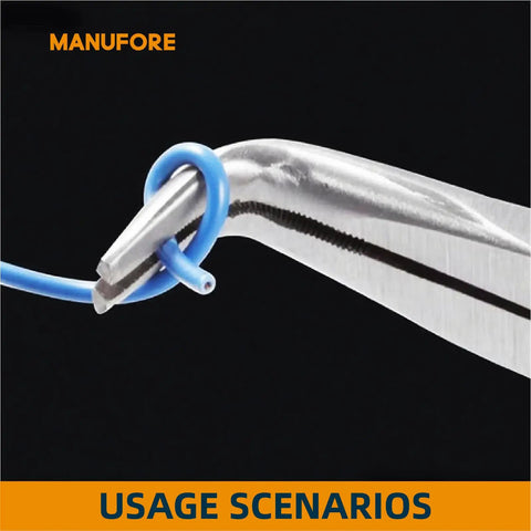 Close-up of 11 Inch Long Reach Needle Nose Pliers Three Piece Set With Straight 45 Degree Bent And 90 Degree Bent Heads gripping wire