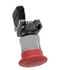 Front view of Schneider Electric XB4BS8442 emergency stop pushbutton with red cap, gray body, chromium bezel for 22mm