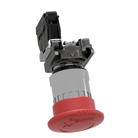 Front view of Schneider Electric XB4BS8442 emergency stop pushbutton with red cap, gray body, chromium bezel for 22mm
