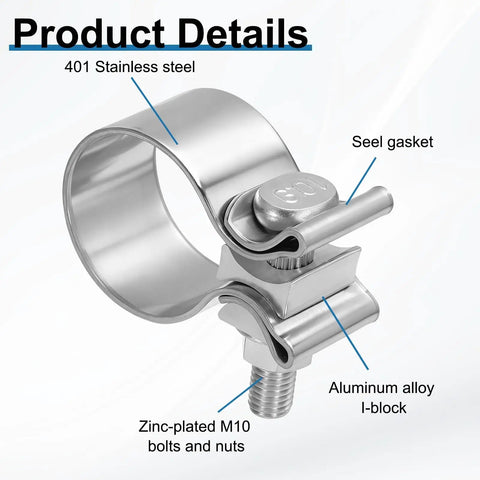 2 Pack 410 Stainless Steel Exhaust Clamp Set Adjustable From 1.69 Inch To 1.97 Inch Narrow Band Butt Joint 29mm Wide Muffler Seal Clamp