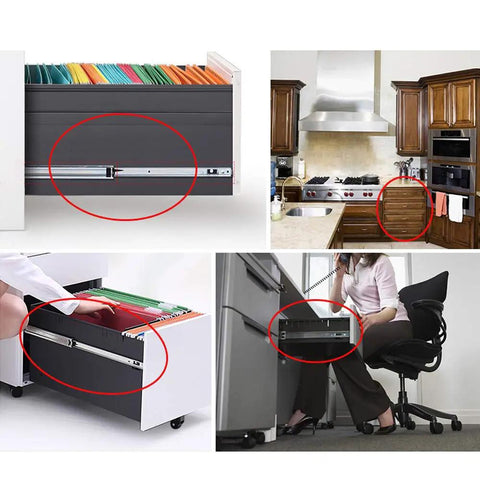 Five Pairs Of 10 Inch Drawer Slides, 17mm Wide Heavy Duty Ball Bearing Glide Runners, Grooved Steel Extension, Side Mount Cabinet And Desk Slides, Smooth Quiet Operation With 100 Lb Capacity, installed in cabinet and desk drawers