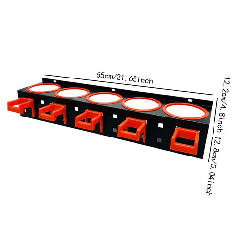 Extra Sturdy Carbon Steel Wall Storage Rack for Spray Bottles and Workshop Tools Built Like a Beast with Hella Room for Clutter and Easy Installation Anywhere in Your Space, showing dimensions and design details.