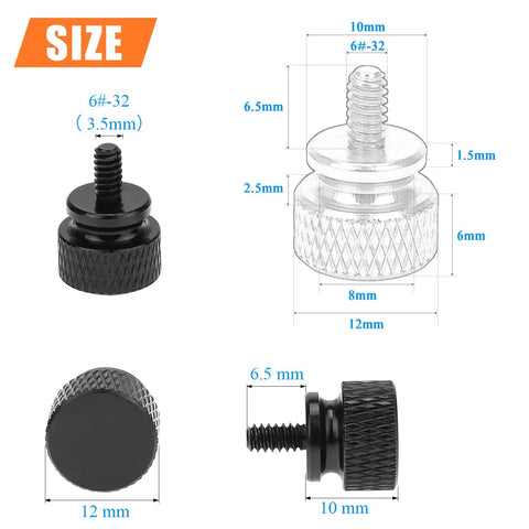 Ten Piece Pack Of 6-32 Thread Black Anodized Aluminum Thumb Screws With A Slick Finger Grip Design Great For Computer Cases Hard Drives And Psu Brackets Built Tough For No Sweat Assemblies Always, displayed with size dimensions.