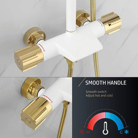 UBNMIUBV Shower System with Shower Head double handle controls for hot and cold water, in gold and white finish.