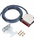 Through Beam Photoelectric Sensor Set 2 Pack 0 to 10 Meters Detection Range 12 to 240V DC and 24 to 240V AC NPN PNP NC NO Outputs White Bracket Included Industrial Workhorse for Conveyor and Automation shown with cable and bracket.