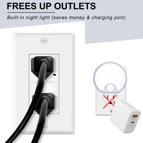 Slick White Decora Outlet With Night Light 6 Pack 15 Amp Tamper Resistant Wall Insert showing black plugs, built-in night light feature.
