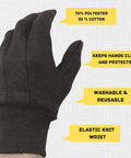 Brown Jersey Work Gloves For Men Large 12 Pack Industrial Grade Cotton Poly Blend Reusable Safety Gear With Hella Durable Build And Rock Solid Grip For Dirty Daily Grind showing single glove with elastic knit wrist and material details.