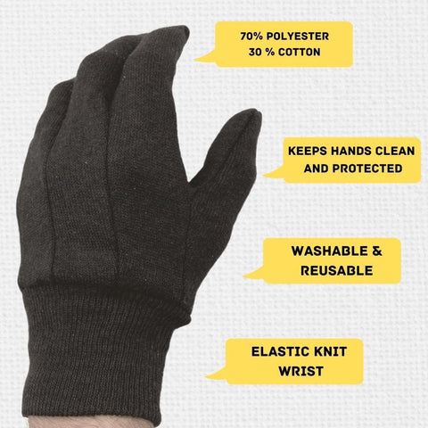 Brown Jersey Work Gloves For Men Large 12 Pack Industrial Grade Cotton Poly Blend Reusable Safety Gear With Hella Durable Build And Rock Solid Grip For Dirty Daily Grind showing single glove with elastic knit wrist and material details.