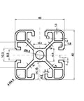 Technical drawing of 40 Series Aluminum Extrusion T Slot 4040 Black 200mm Long 4 Pack showing cross-sectional dimensions.