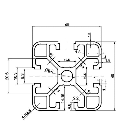 Technical drawing of 40 Series Aluminum Extrusion T Slot 4040 Black 200mm Long 4 Pack showing cross-sectional dimensions.