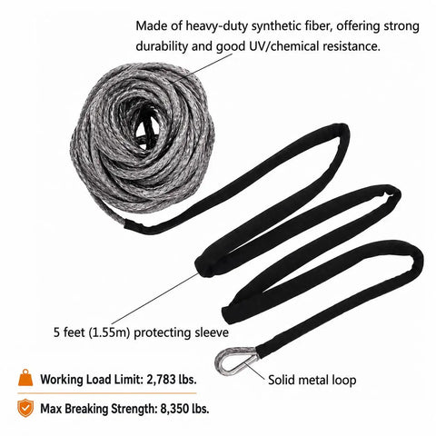 Upgrade Your Winch With Three Sixteenth Inch By Fifty Foot Gray Synthetic Winch Rope Made From Ultra High Molecular Weight Polyethylene, Minimal Stretch, Non Rotation, UV And Chemical Resistant, Aluminum Hawse Fairlead Compatible coiled rope with metal loop