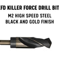 M2 high speed steel drill bit with black and gold finish, designed for precision drilling in metal, part of badass 33 piece set.