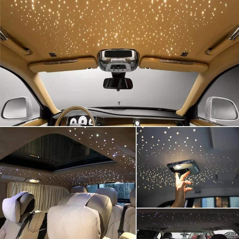 Car interior with 16W Fiber Optic Starlights Headliner Kit With 300 Strands 0.03in Fiber And 6.5ft Length Bluetooth App Control.