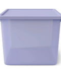 Front view of a purple 18 Gallon Plastic Storage Bin With Snug Snap Lid, Hella Spacious Stackable Tote for seasonal storage.