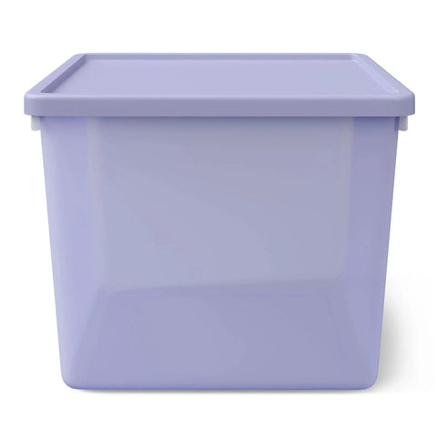 Front view of a purple 18 Gallon Plastic Storage Bin With Snug Snap Lid, Hella Spacious Stackable Tote for seasonal storage.