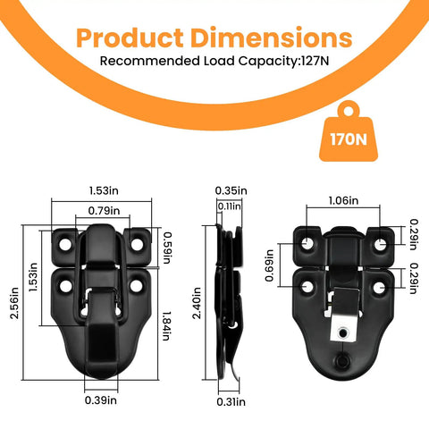 Dimensions of 4 Pack Black Toggle Hasp Latch Hardware With Screws, Duckbilled Box Locks, heavy duty iron construction, front and side views.