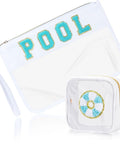 Two Pack Clear PVC Cosmetic Pouches With Chenille Letter Patches, waterproof bags showing front view with pool-themed design.