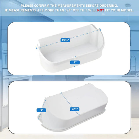Top and bottom view of Two Pack Door Bin Replacement For Refrigerator Shelves 240356401 AP2116036 with measurements.