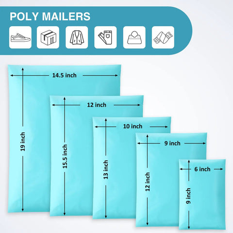 Teal Non Padded Poly Mailers 60 Pack Self Sealing Variety Pack With Five Sizes 6x9 9x12 10x13 12x15.5 14.5x19 Inches